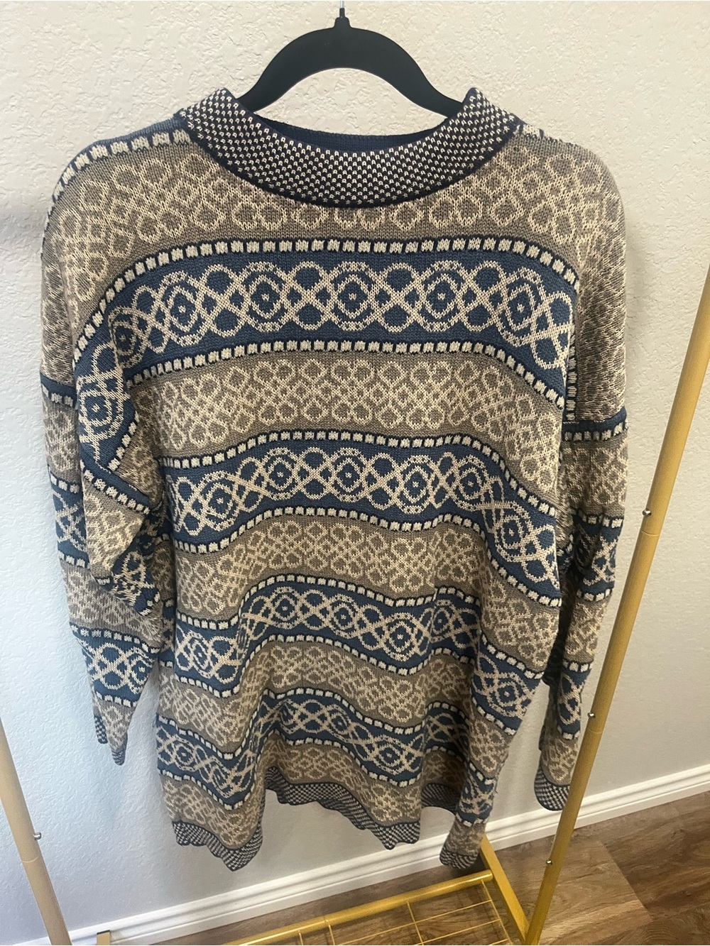 Vintage Express Tricot Sweater XL 1X Blue Taupe Geometric Oversized Dolman Tunic